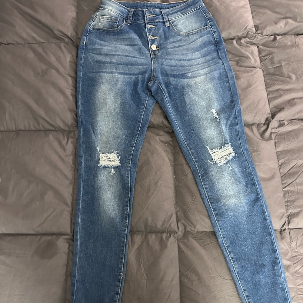 Button Fly Ripped Washed Color Jeans